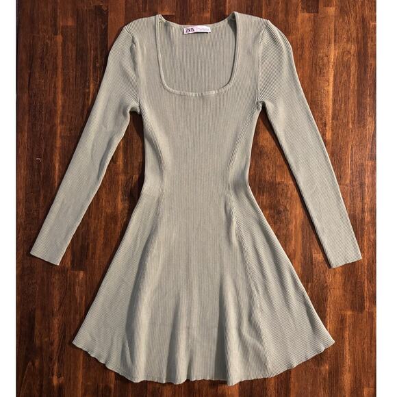 Zara Women’s Large Dress Ribbed Knit Long Sleeve Fit Flare Square Neck - Picture 2 of 10